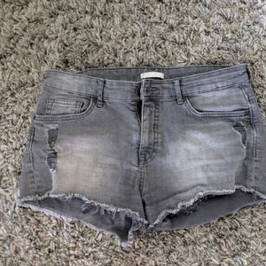 Grey distressed jean shorts